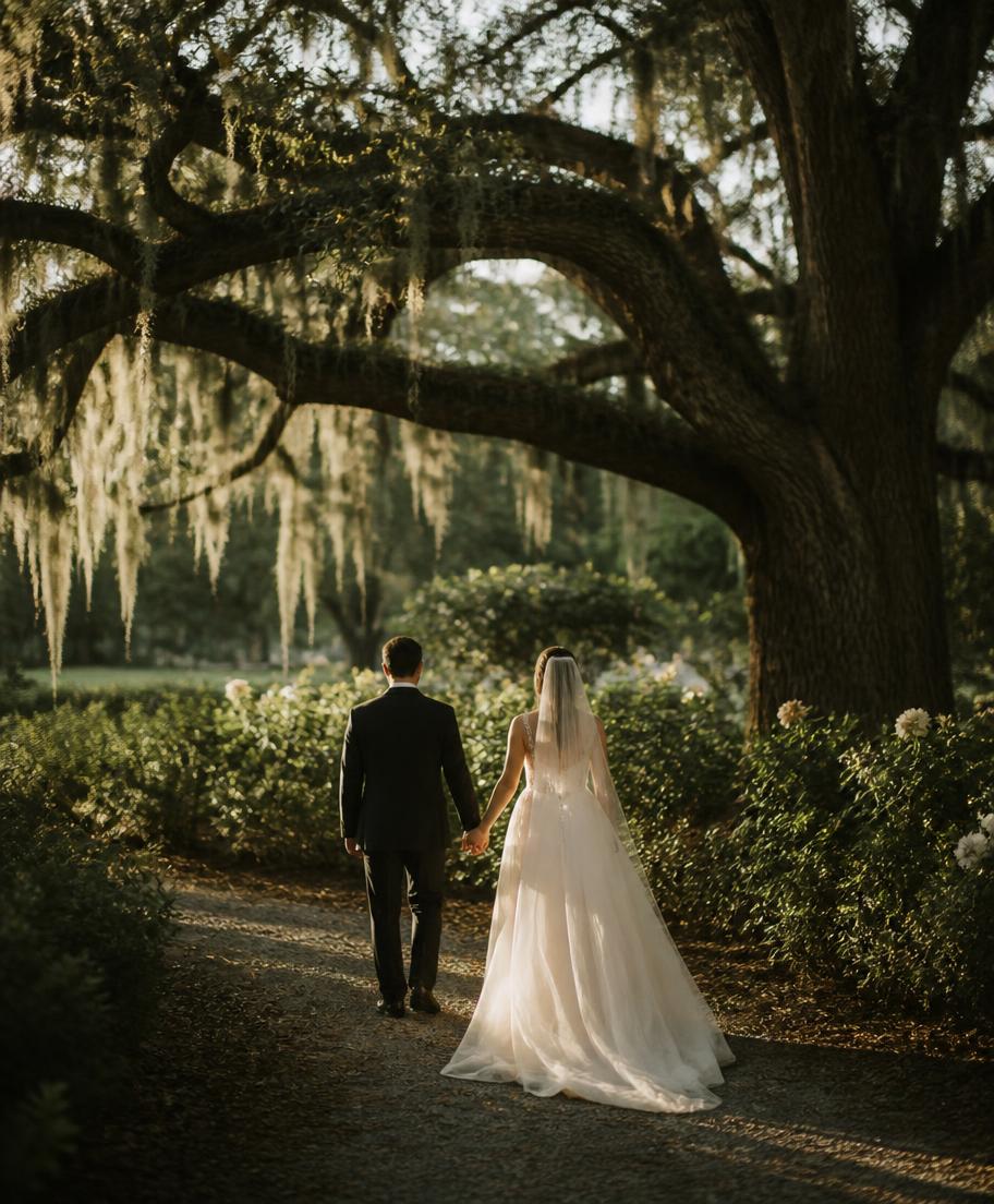 Maya and Daniel walking beneath a great oak at golden hour